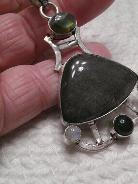 Gorgeous SILVER SHEEN OBSIDIAN & RAINBOW MOONSTONE Handmade Sterling 925 Necklac